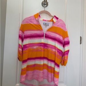 IBKUL Pink, Orange & White Striped Half-Zip Long Sleeve Top